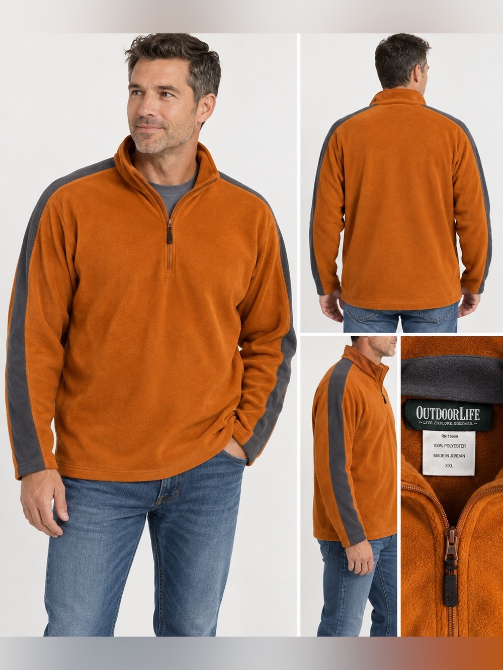 Outdoor Life Men’s XXL Orange Gray Fleece 1/4 Zip Pullover